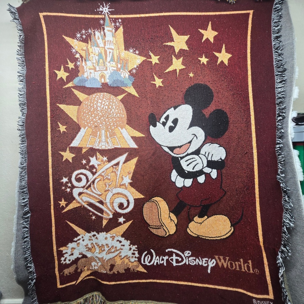 Disney Woven Tapestry Throw Mickey Mouse Walt Disney World Burgundy Excellent OS